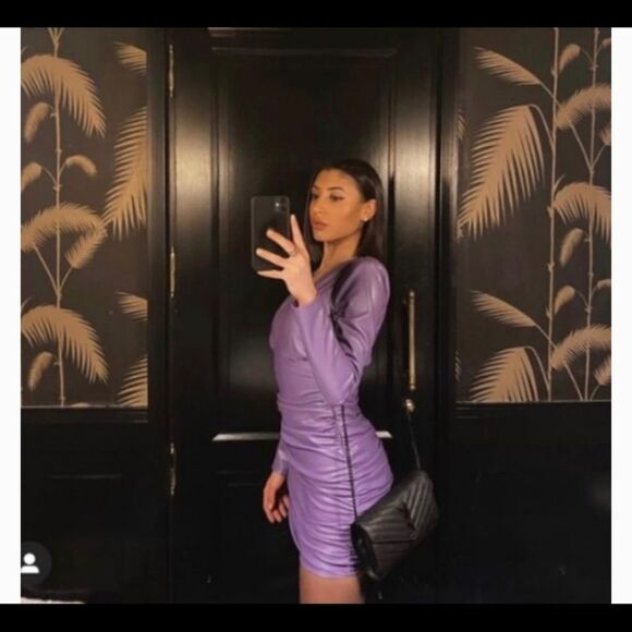 Zara purple faux leather long sleeve V-neck ruched mini dress Sz L NWT - Picture 7 of 14